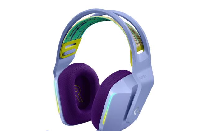 Purple headphones with a green band. 