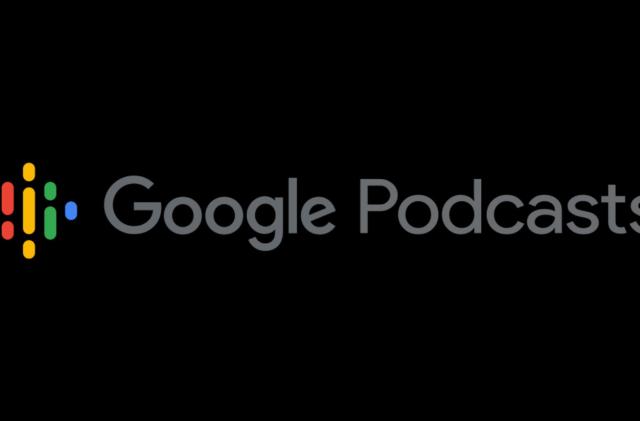 The Google Podcasts logo in grey with its colorful icon is shown against a black background.
